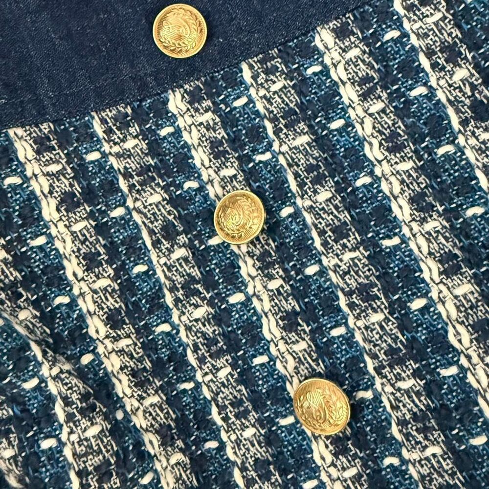 Sam Edelman NEW Blue Tweed & Denim Cropped Jacket Gold Buttons Blazer XL $169 RP - Picture 4 of 7